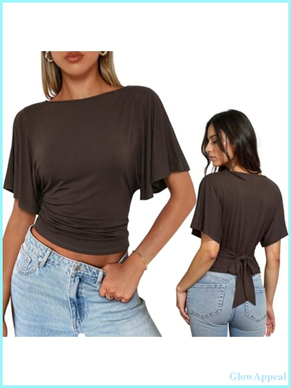 Womens Tie Back Blouse Boat Neck Flutter Sleeve Wrap Cinched Top